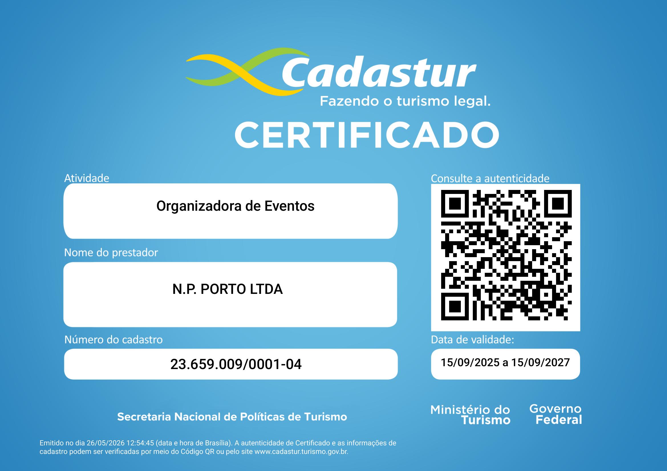 Certificado Cadastur — Organizadora de Eventos · N.P. Porto LTDA