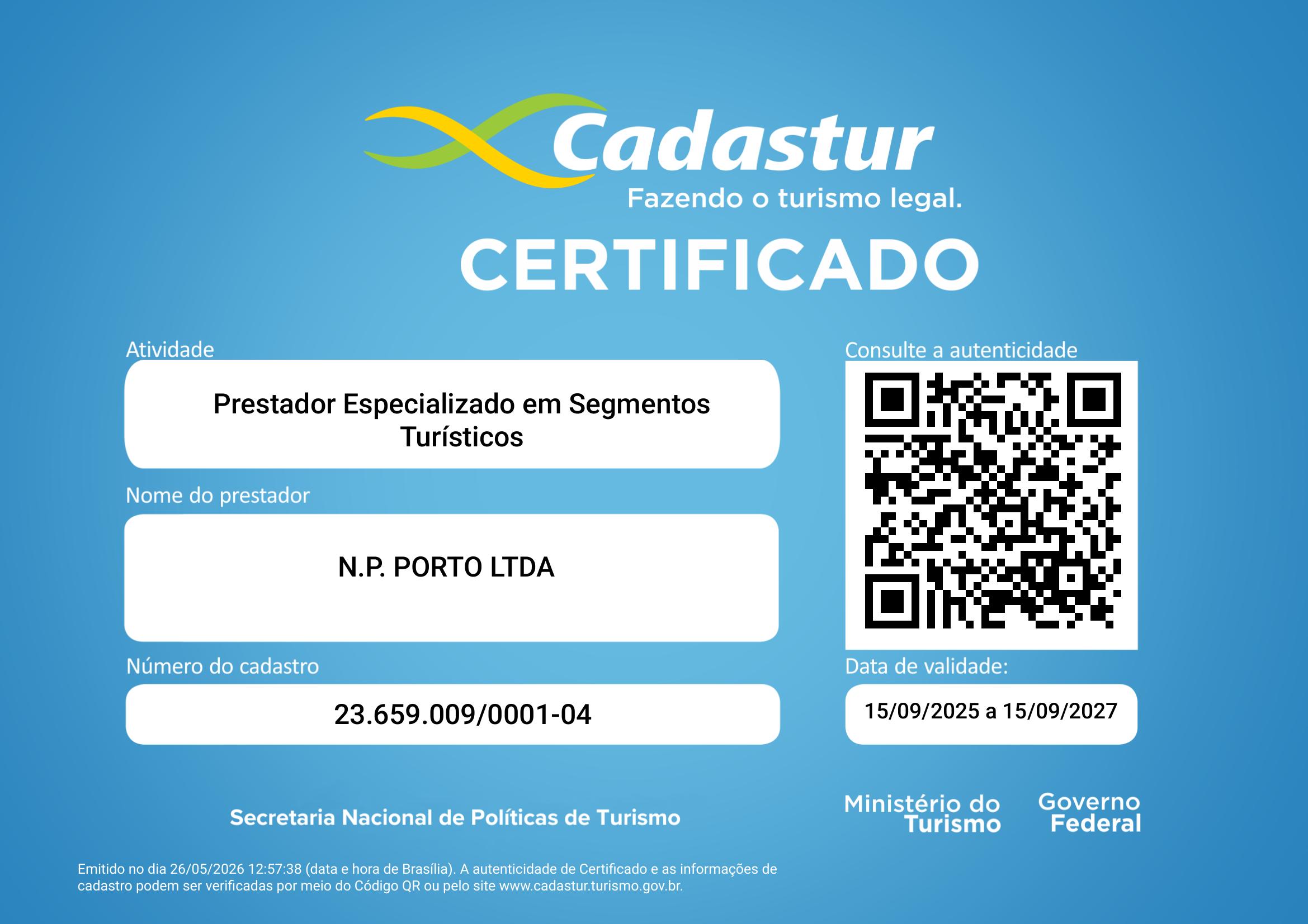 Certificado Cadastur — Prestador Especializado em Segmentos Turísticos · N.P. Porto LTDA